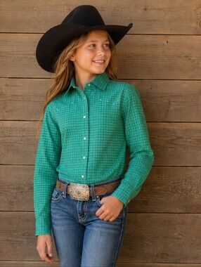 CRUEL GIRL girls rodeo cowgirl western LS shirt Green w/Pink squares Bling sz S
